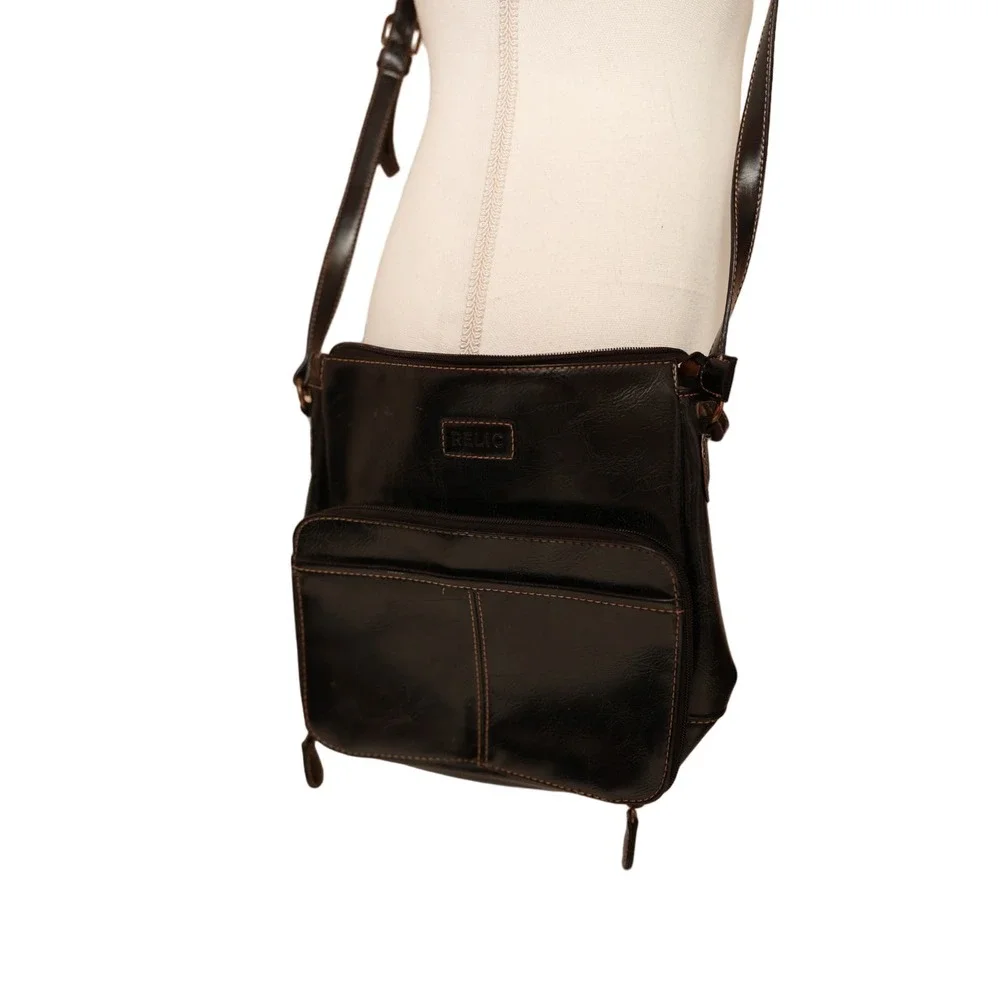 Relic Crossbody Handbag‎ Black Leather Adjustable Strap 9 x 9 x 4